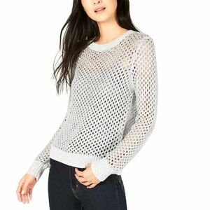Bar III Light Gray Women's Open Knit Crew Neck Sweater Small